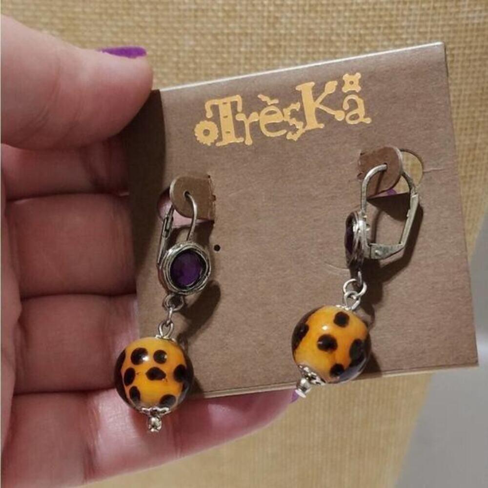 Treska Orange Black Spotted Bead Drop Earrings Purple Accent Silver Leverback